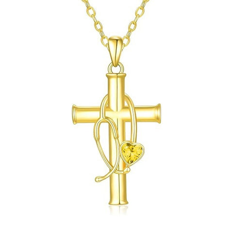 Stethoscope Cross 14K Gold Plated Pendant Necklace for Women Nurse Doctor Birthday Graduation Gift for Medical Student