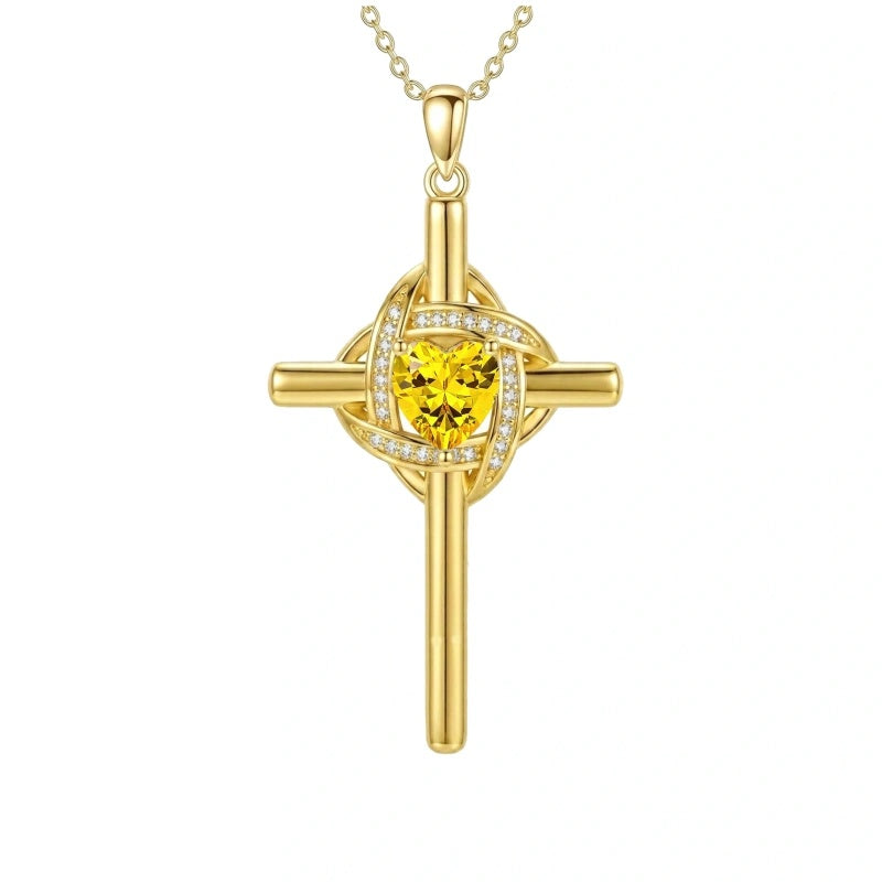 10K 14K 18K Gold Birthstone Cross Pendant Necklace Christian Jewelry