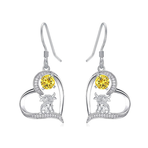 925 Sterling Silver Highland Cow Birthstone Earrings Highland Cow with Sunflower Jewelry Highland Cow Gifts for Women