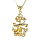 14K Gold Plated Heart Birthstone Anchor Necklace Engraved with Hope Faith Love