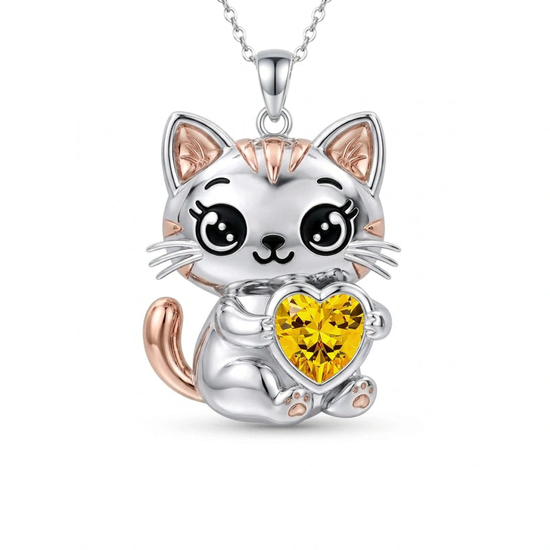 Sterling Silver 12 Month Birthstone Cat Pendant Necklace Birthstone Jewelry Gifts for Birthday