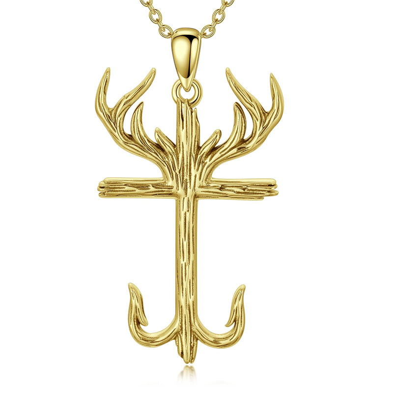 cross fish hook and deer Sterling Silver Cross&Deer Antler Fish Hook Pendant Necklace for Men, Gold