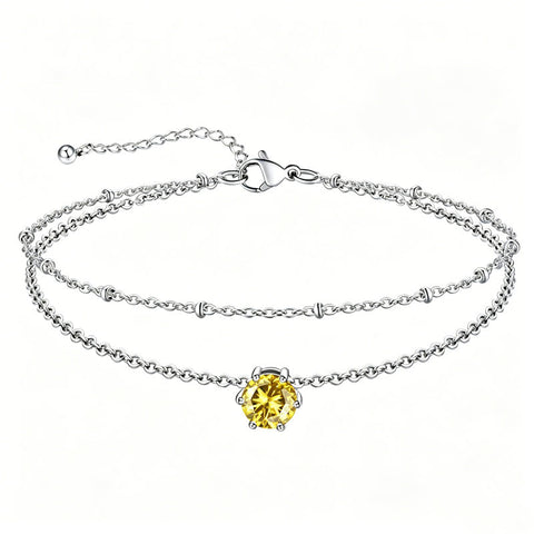 Sterling Silver  Round Birthstone Double Layer Charm Anklet