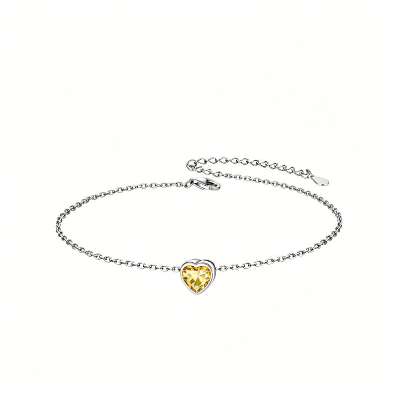 Sterling Silver Simple Dainty Round Heart Birthstone Single Layer Charm Anklet