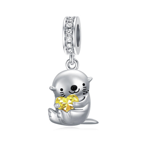 Sterling Silver Birthstone Otter Bead Charm for  Otter Lovers