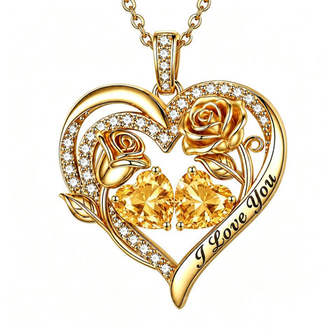 14K Gold Plated Double Heart Birthstone Rose Pendant Necklace for Women