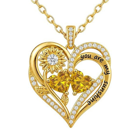 Double Birthstone Necklace 14K Gold Plated You Are My Sunshine Sunflower Necklace Heart Pendant Necklace