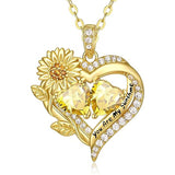 Sterling Sliver Birthstone Love Heart & Sunflower Pendant Necklace Engraved With You Are My Sunshine