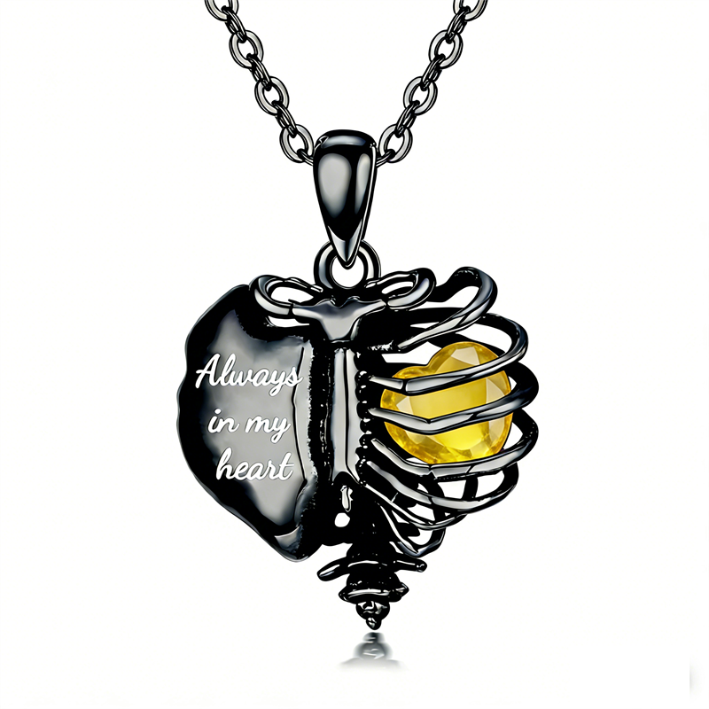 Sterling Silver Black Heart Skeleton Necklace With Engraved