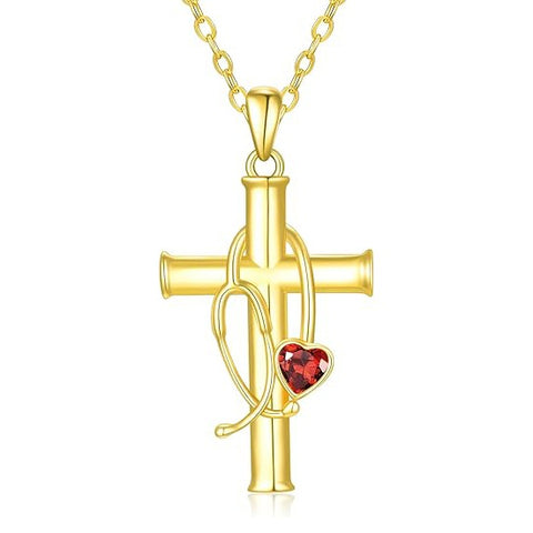 Stethoscope Cross 14K Gold Plated Pendant Necklace for Women Nurse Doctor Birthday Graduation Gift for Medical Student