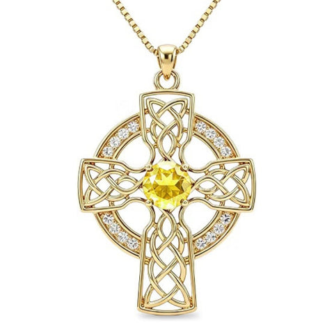 14K Gold Plated Birthstone Celtic Knotwork Cross Necklace for Women
