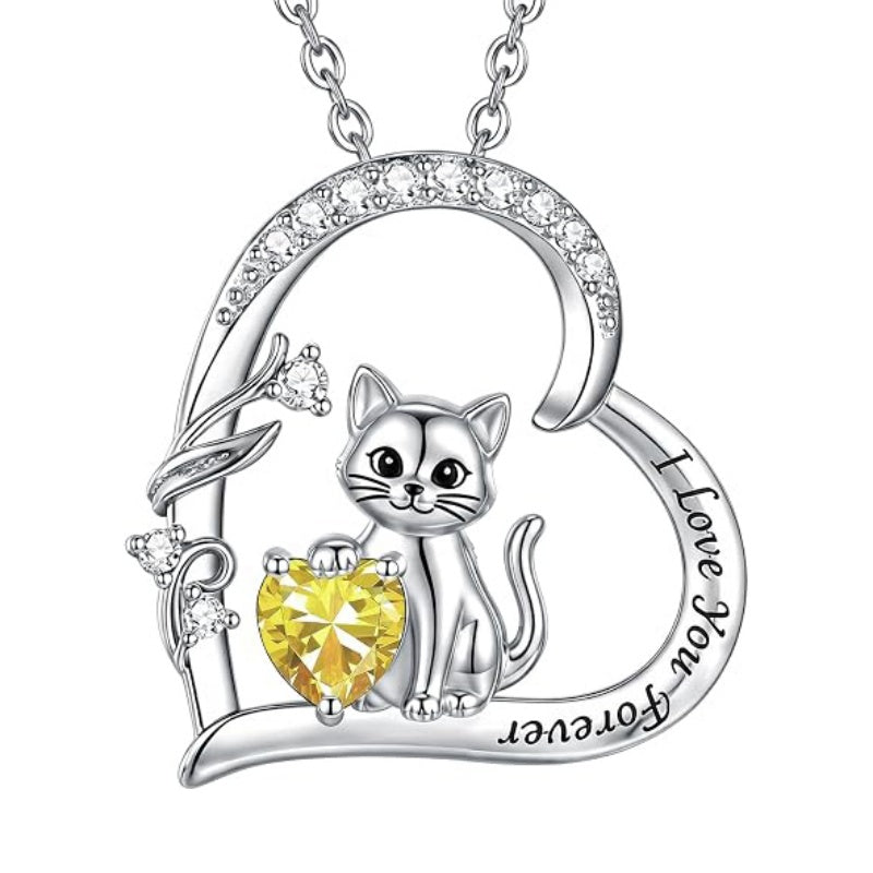 Sterling Silver Birthstone Cat Pendant Necklace Jewelry Christmas Birthday Gifts for Women