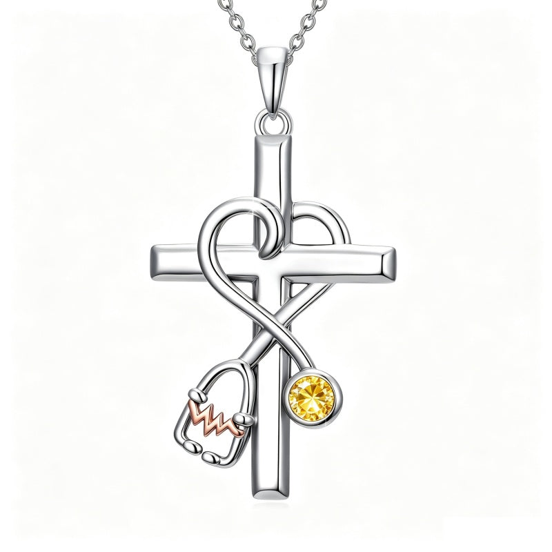 14K Gold Plated  Birthstone Stethoscope Cross Necklace Graduation Gifts for Women RN