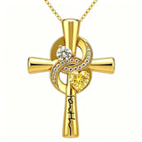14K Gold Plated Dainty Heart Birthstone Pendant Cross Necklace for Women Religious Gift