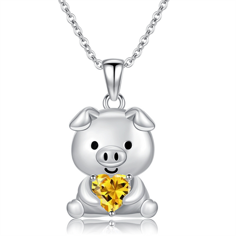 Sterling Silver 12 Month Birthstones Pig Pendant Necklace