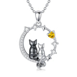 Sterling Silver Cubic Zirconia Two Cats Pendant Necklace