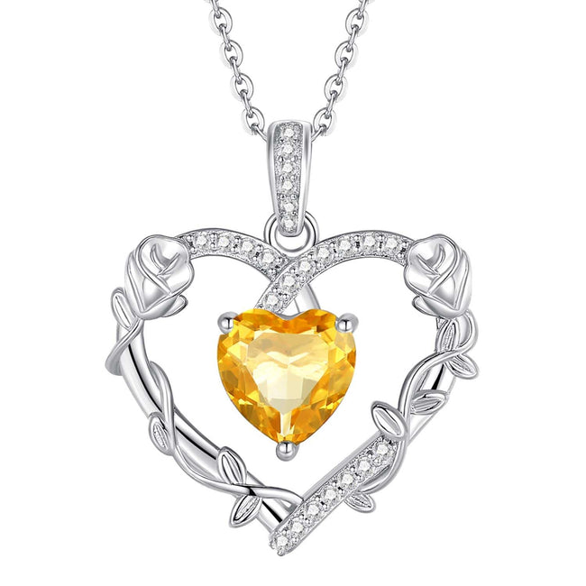 Heart Rose Flower Necklace 925 Sterling Silver Birthstone Pendant Created Gemstone Jewellery Anniversary Birthday Christmas Gift