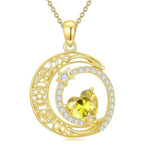10K 14K 18K Gold Heart Birthstone Moon and Star Pendant  Necklace for Women