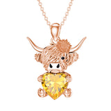 14K Gold Heart Birthstone Highland Cow Pendant Necklace