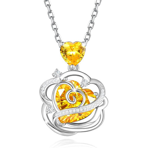 Sterling Silver Thornless Pulse Heart Birthstone  Rose Pendant Necklace