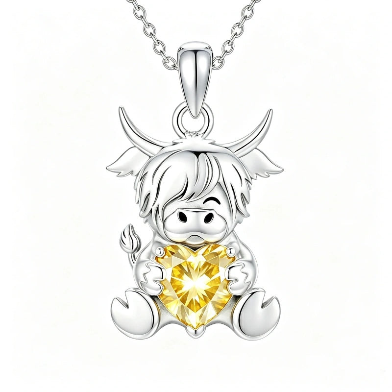 Sterling Silver Birthstone Highland Cow Pendant Necklace Birthday Christmas Gift