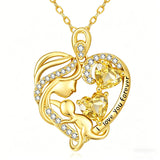 10K 14K 18K Gold Double Birthstone Heart Mother Son/Daughter Pendant Necklace for Mom