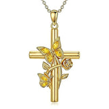 Birthston Butterfly Rose 14K Plated Gold Cross Pendant Necklace for Women