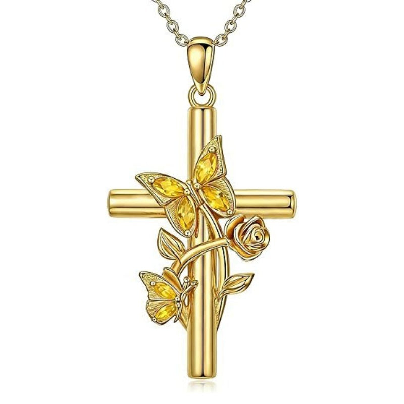 Birthston Butterfly Rose 14K Plated Gold Cross Pendant Necklace for Women