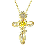 14K  Gold Plated 12 Color Birthstone Sunflower Cross Pendant  Necklace for Women Faith Cross Jewelry