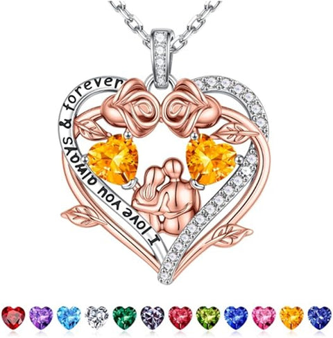 Sterling Silver Heart Birthstone Couple Hugging Necklace for Women Valentine's Day Gift