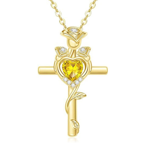 14K Gold Plated Birthstone Rose Cross Necklace for Women Faith Jewelry Gift