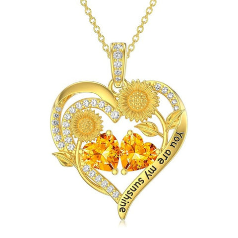 Double Birthstone Necklace 14K Gold Plated You Are My Sunshine Sunflower Necklace Heart Pendant Necklace
