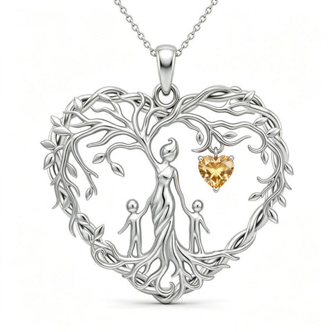 Sterling Silver Heart Pendant Birthstone Tree of Life Mother Child Family Necklace