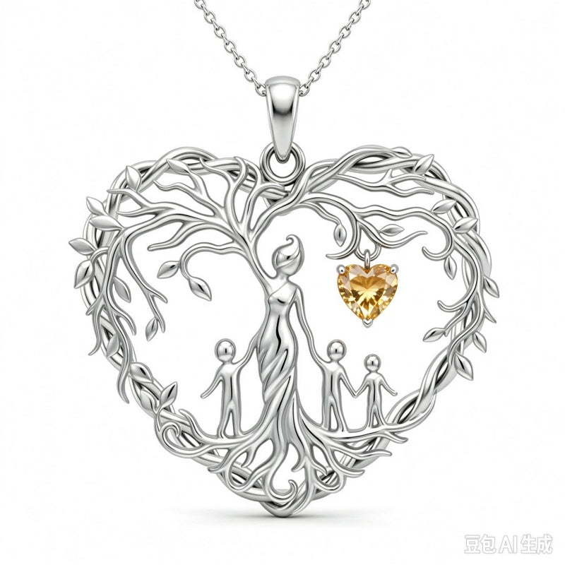 Sterling Silver Heart Pendant Birthstone Tree of Life Mother Child Family Necklace