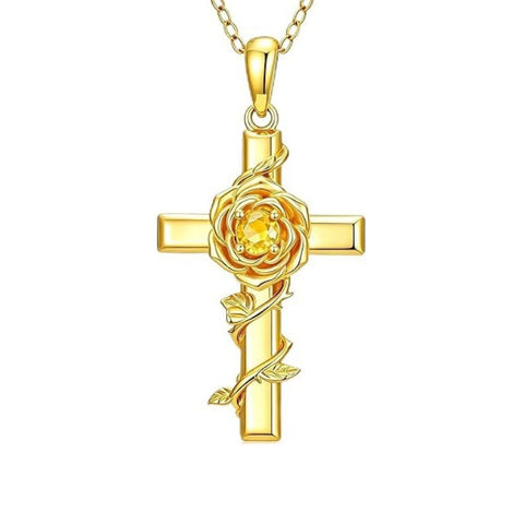 Birthstone Cross 14K Gold Plated Pendant Rose Cross Necklace for Women
