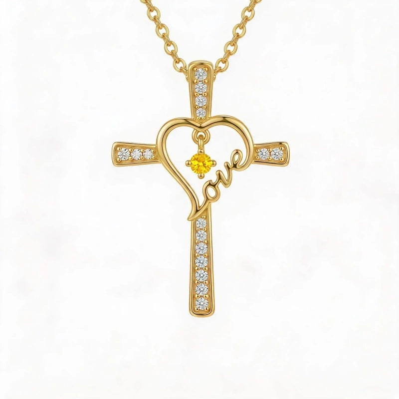 14K Gold Plated  Birthstone  LOVE Heart Cross Necklace for Women Faith Jewelry