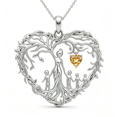 Sterling Silver Heart Pendant Birthstone Tree of Life Mother Child Family Necklace