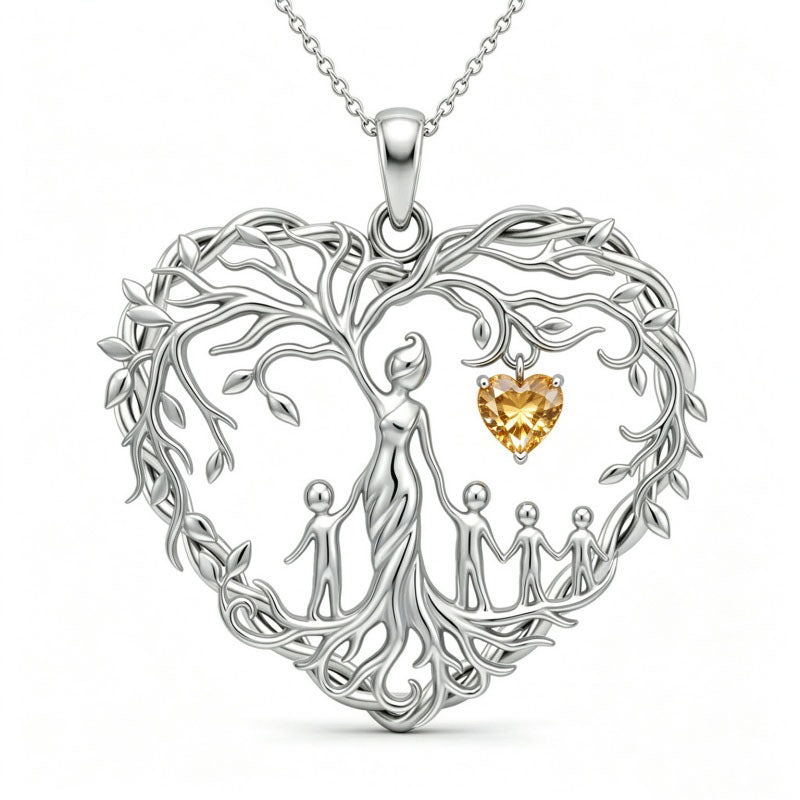 Sterling Silver Heart Pendant Birthstone Tree of Life Mother Child Family Necklace