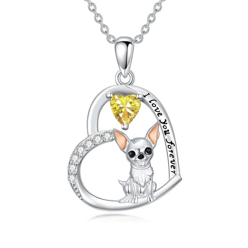 Sterling Silver 12 Month Birthstone Schnauzer Chihuahua Pitbull Pug Pendant Necklace for Women