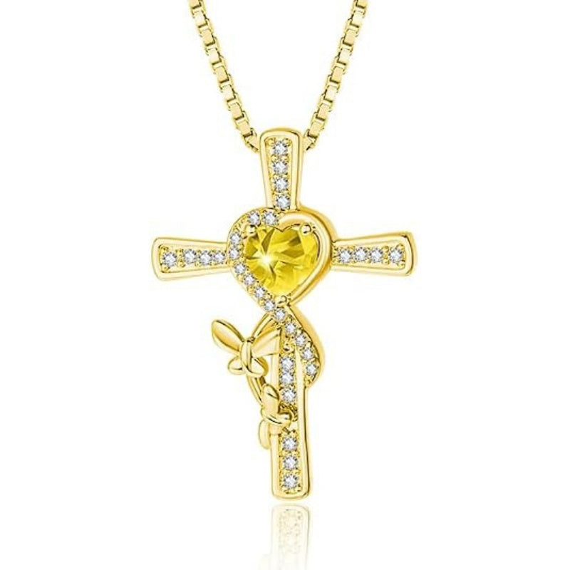 14K Gold Plated Birthstone Butterfly  Cross Pendant Necklace Anniversary Birthday for Her