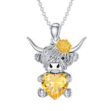 14K Gold Heart Birthstone Highland Cow Pendant Necklace