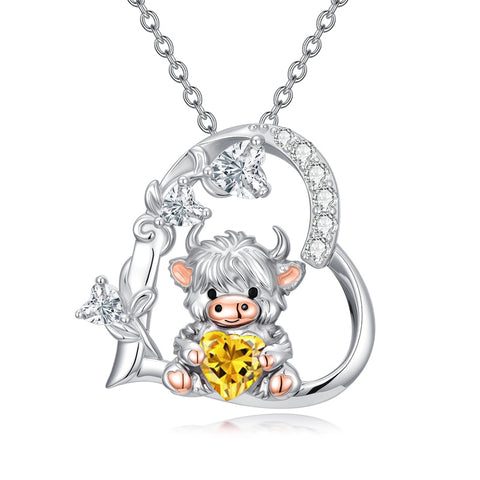 Sterling Silver Highland Cow Pendant Necklace Birthstone Necklace Gift for Women