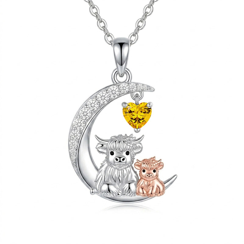Sterling Silver Round Heart Birthstone Highland Cow Pendant Necklace Fluffy Cow Jewelry Gifts Birthday Christmas