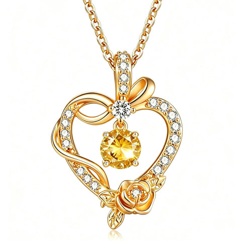 14K Gold Plated Round Birthstone Rose Flower Pendant Necklace for Women