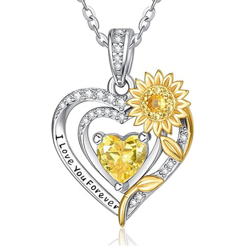 Sterling Silver Heart Birthstone Sunflower Pendant Necklace Engraved with I Love You Forever