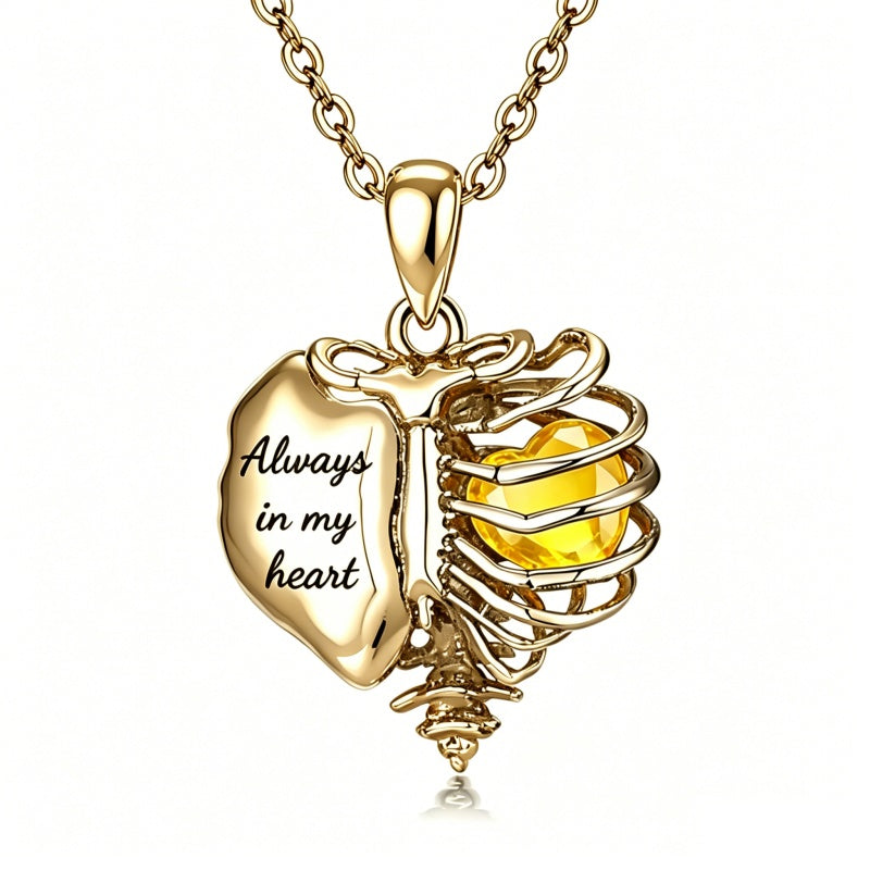 14K Gold Plated  Heart Birthstone Skeleton Necklace With Engraved