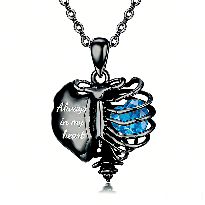 Sterling Silver Black Heart Skeleton Necklace With Engraved