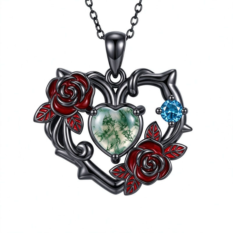 Sterling Silver Black Heart Skeleton Birthstone Necklace With Engraved Halloween Gift