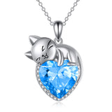 Sterling Silver Cat Necklace with Birthstone Animal Cat Pendant Heart Necklace for Women Girls