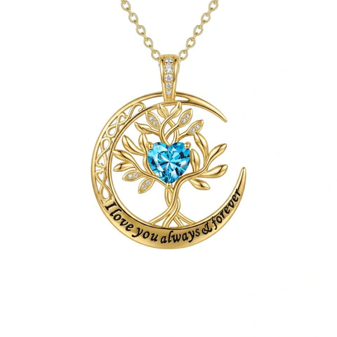 10K 14K 18K Gold Birthstone Tree of Life Pendant Necklace Engraved with I Love You Always & Forever